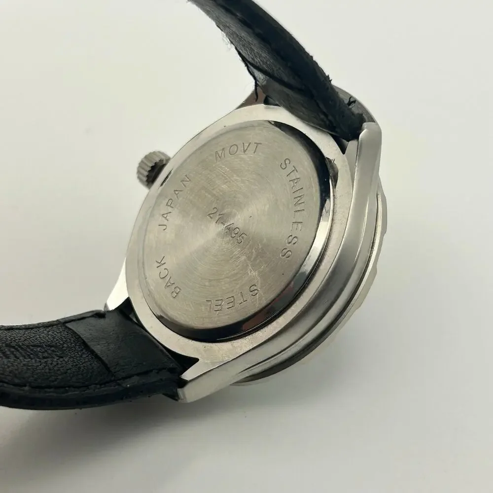 Sports Illustrated Silver Tone Rotating Bezel Black Leather Band Watch